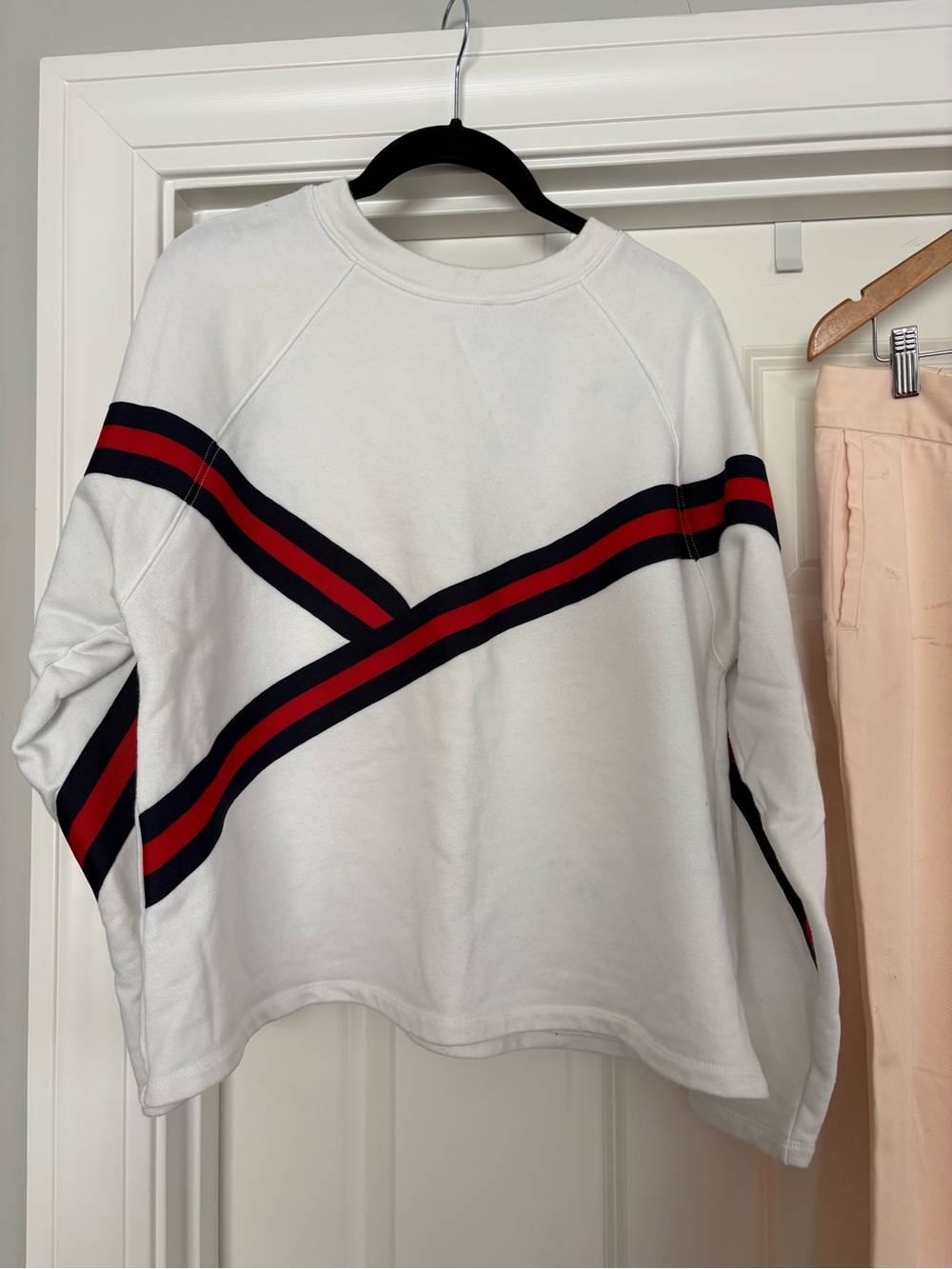 Women's White Crewneck Sweater with Red & Navy Stripe